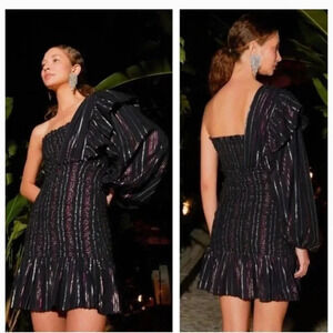 NWOT $265 Farm Rio Lurex Metallic Stripes One Shoulder Mini Dress Smocked
